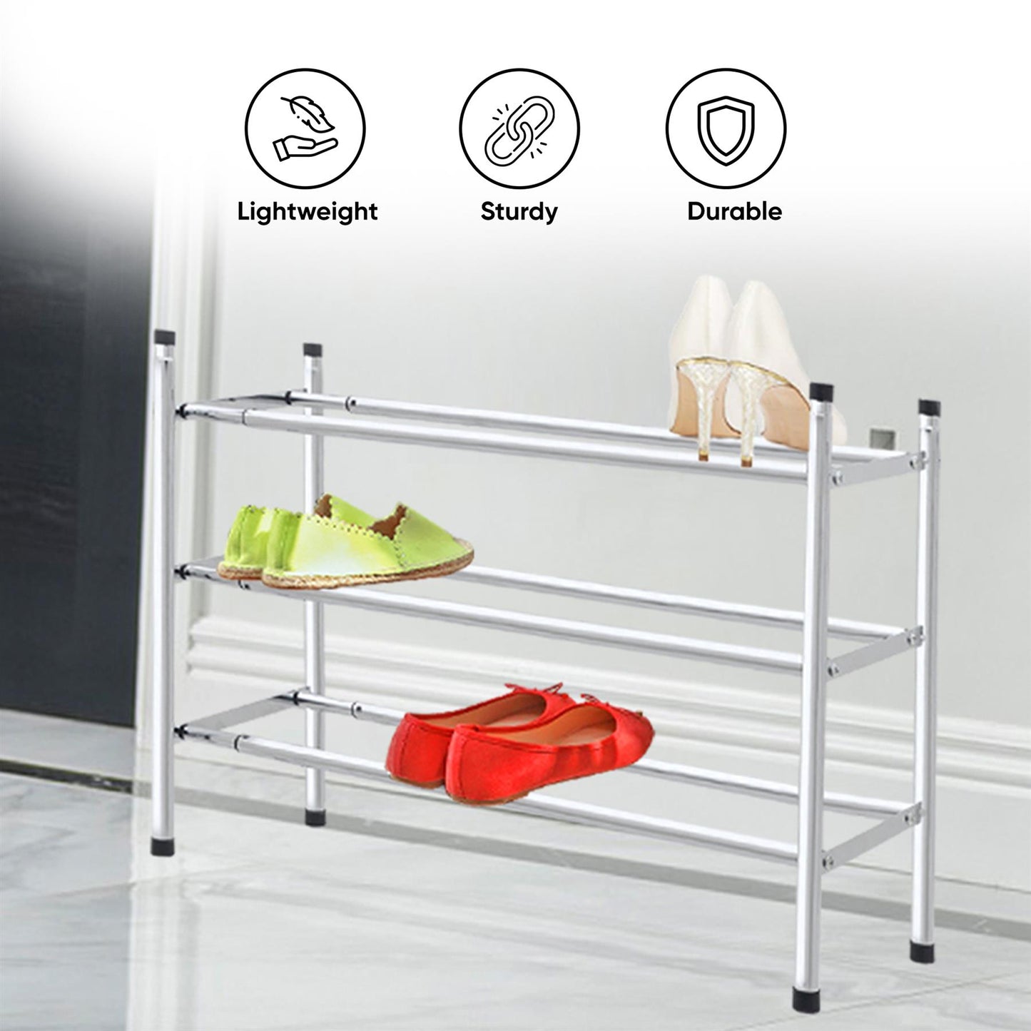 Sturdy 3-Tier Shoe Rack With Chrome Finish Holds Up To 18 Pairs Including Boots And Trainers