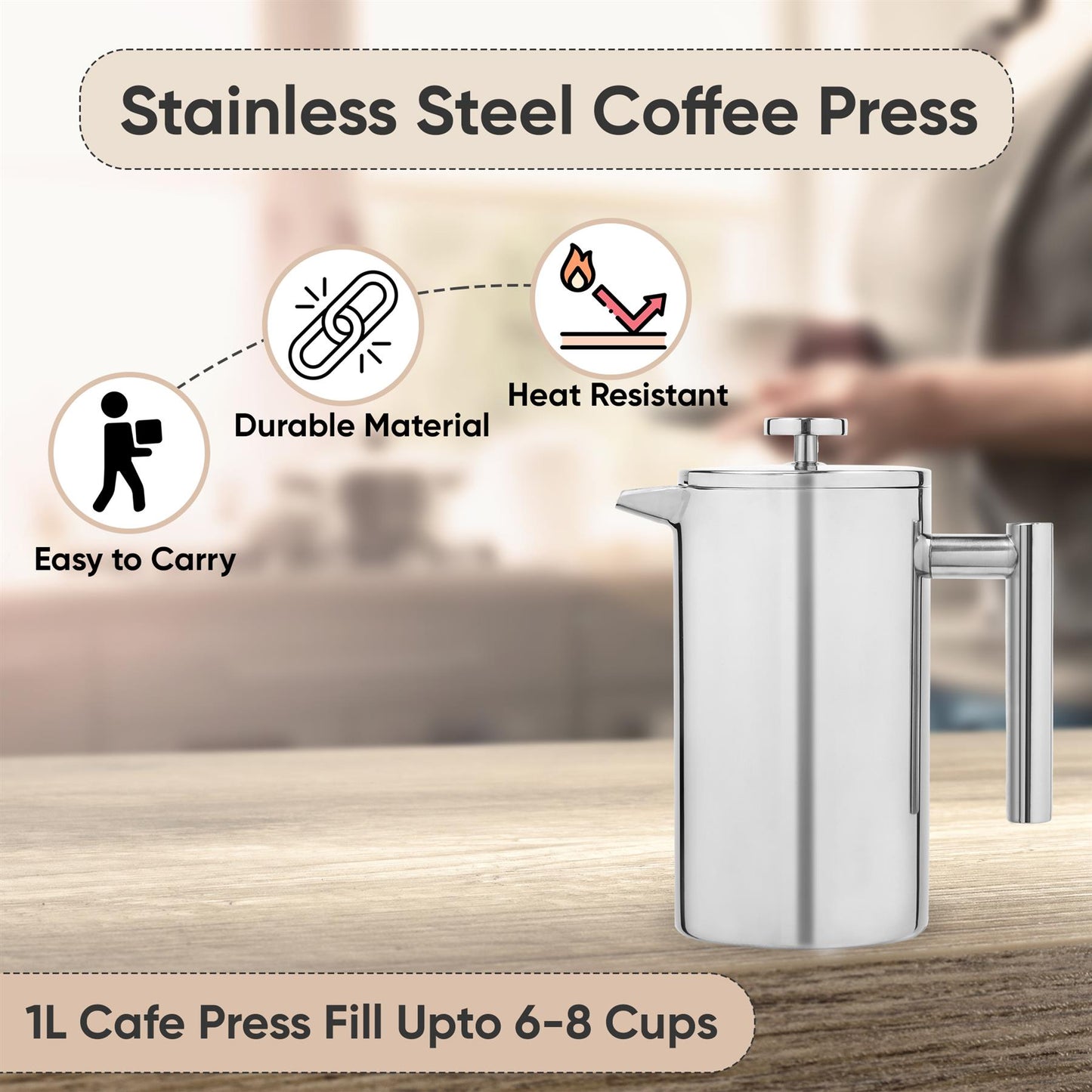 1L Stainless Steel Coffee Press Perfect Beverage Making