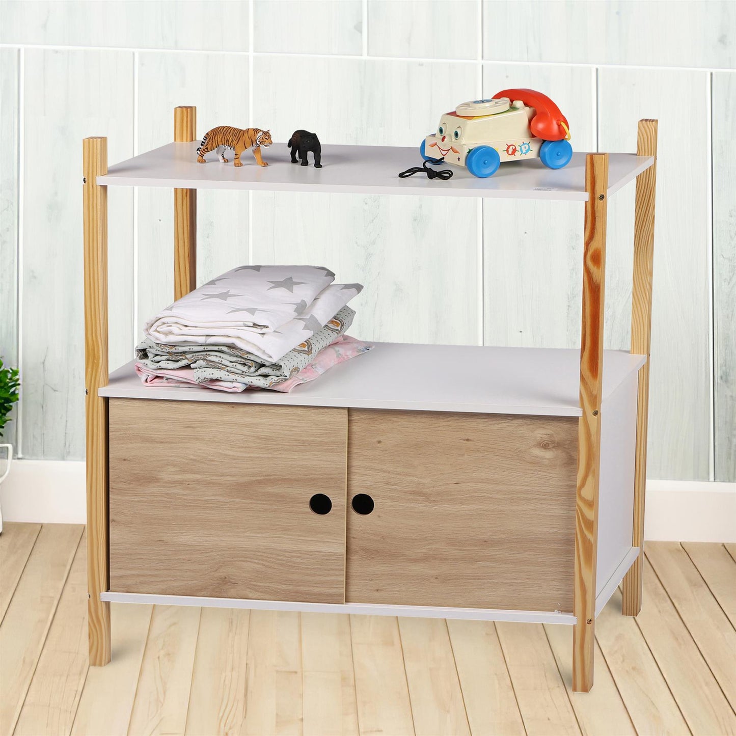 Kids' Bedroom Storage Cabinet With Sliding Doors In White Wood Finish