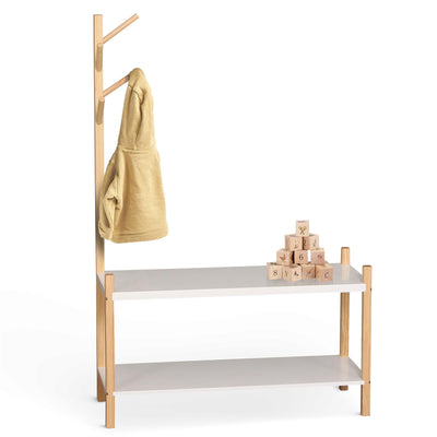 Two-Tier Wooden Shoe Rack With Coat Stand And Hooks