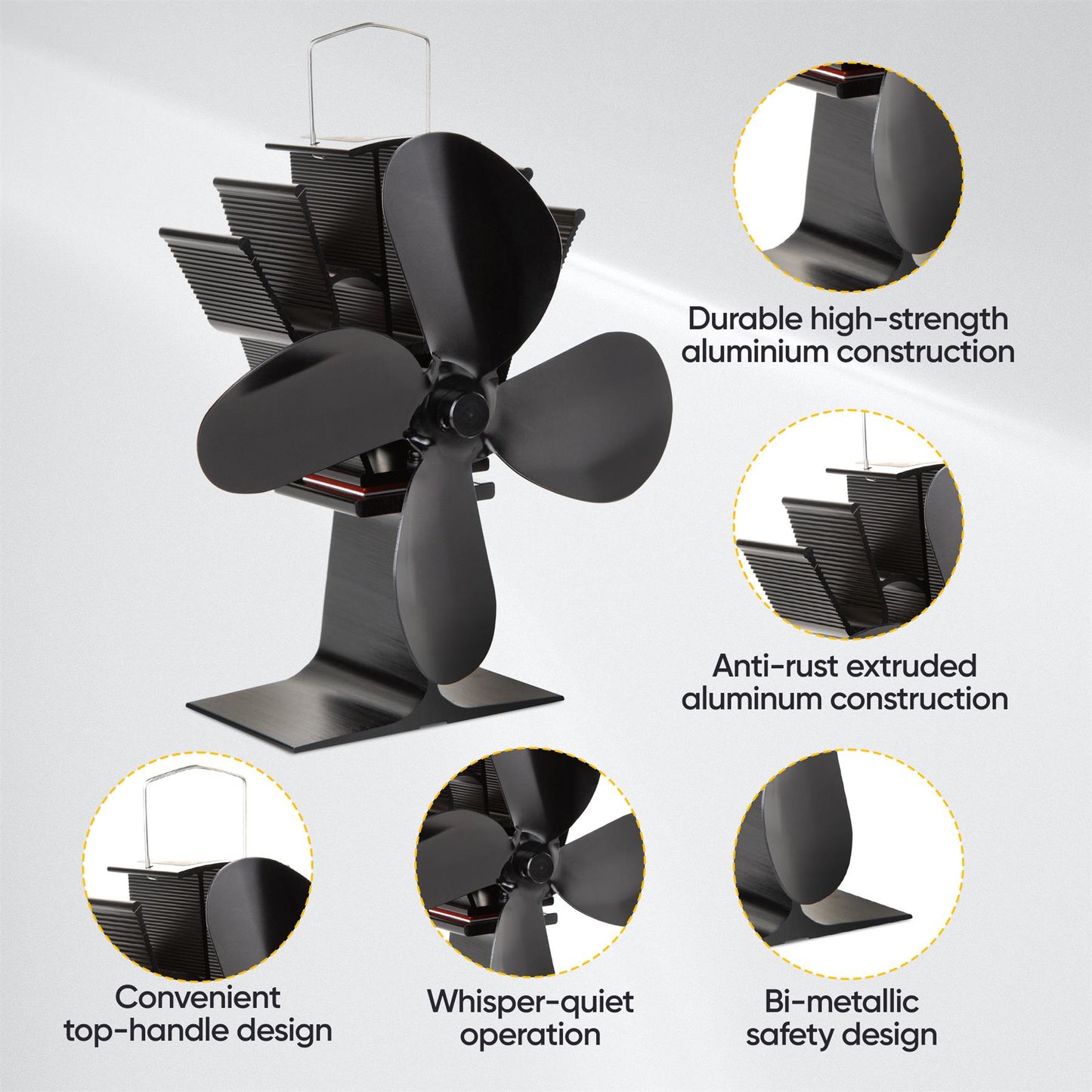 Black 4 Blade Heat Powered Stove Fan Energy Efficiency
