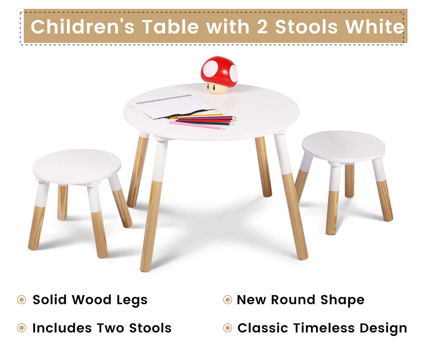 Small Round Table With 2 Matching Stools In White And Brown Wooden Finish