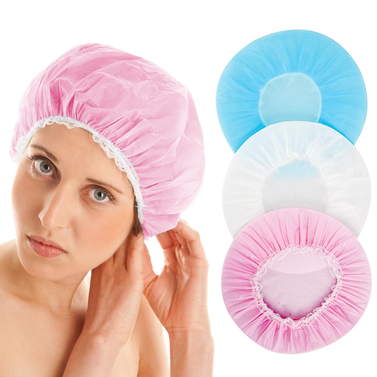 Shower Caps 3 Pack Blue Pink White Set