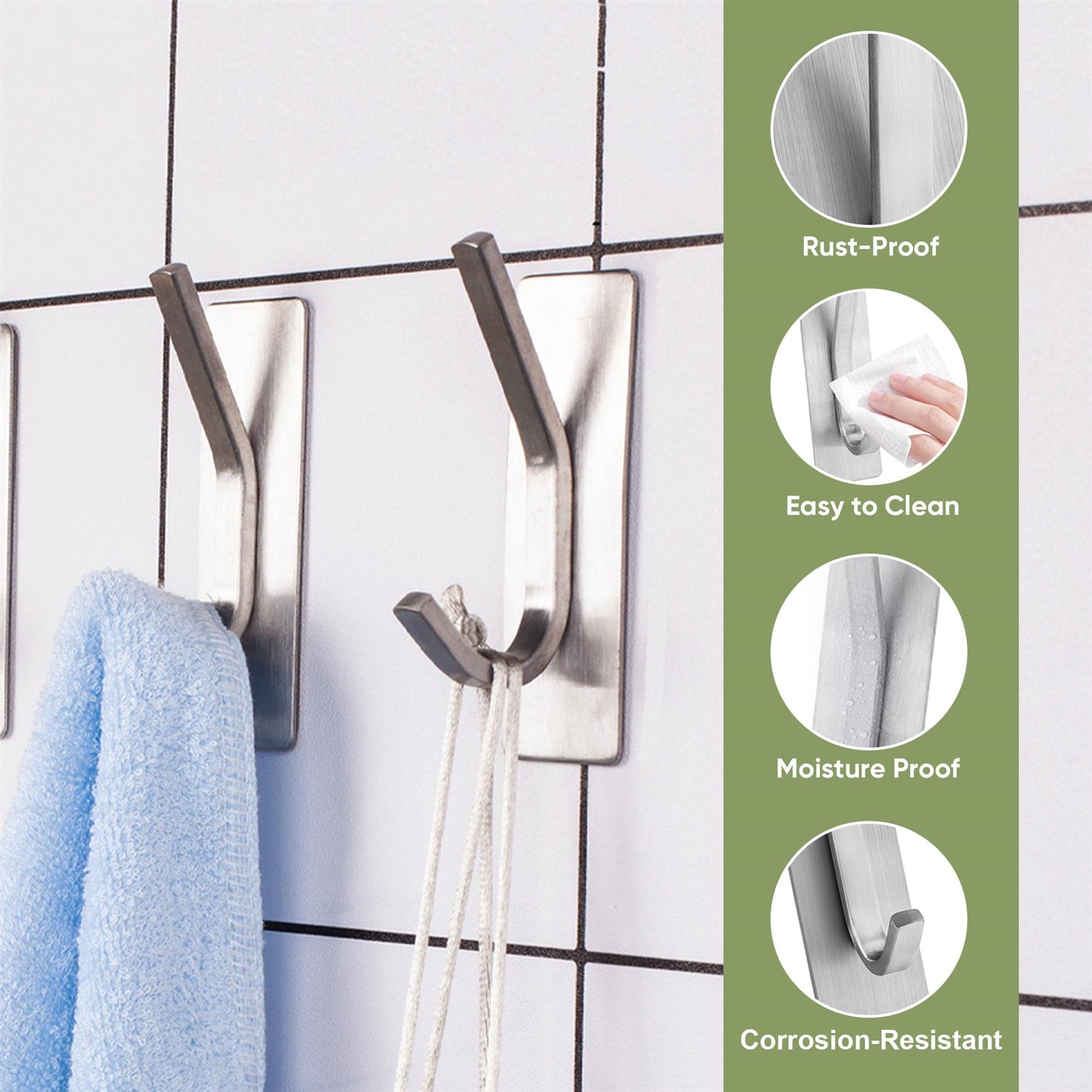 Set Of 4 Stainless Steel Hooks With Adhesive Backing For Easy Installation